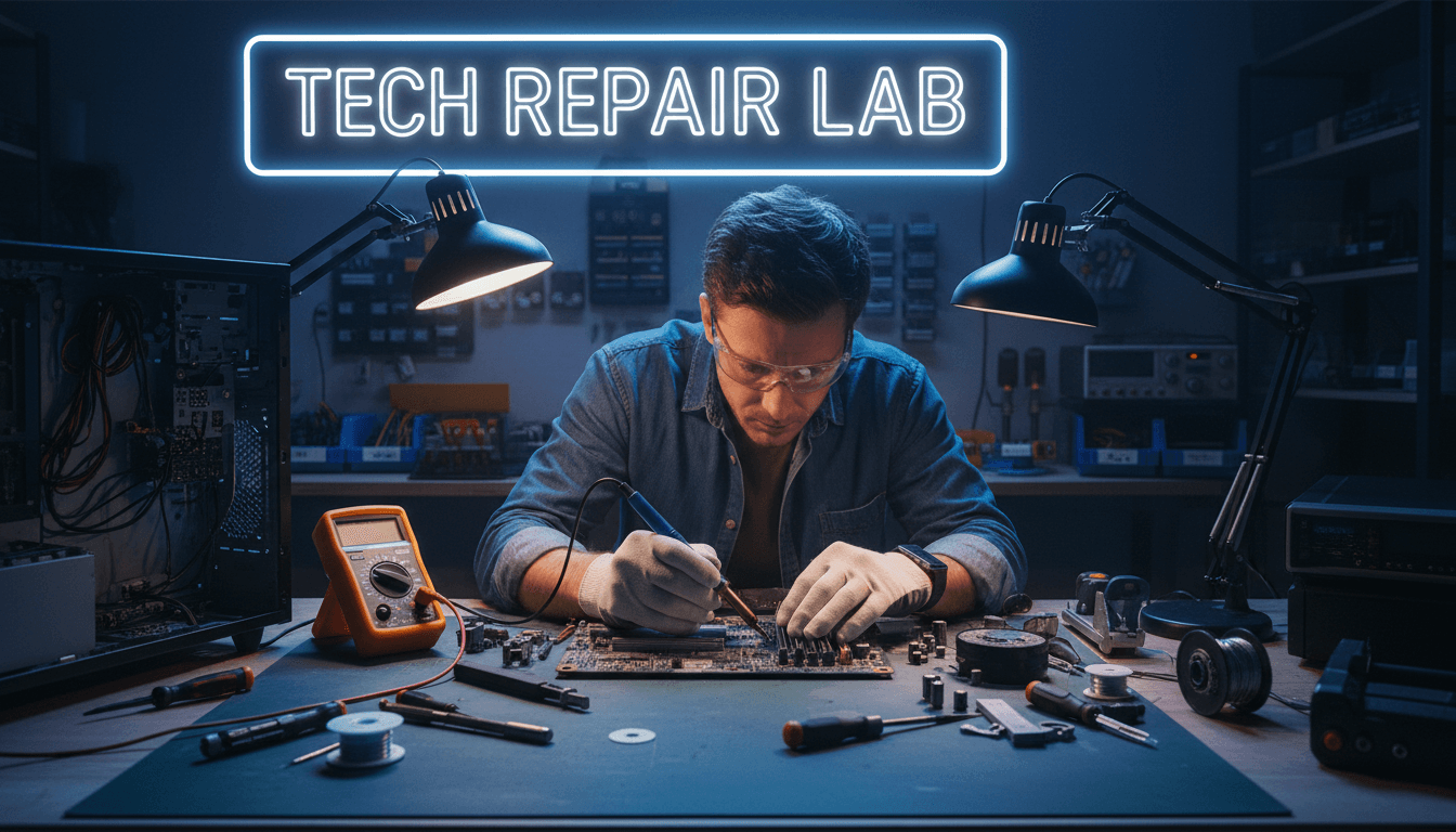 Technician repairing a computer motherboard
