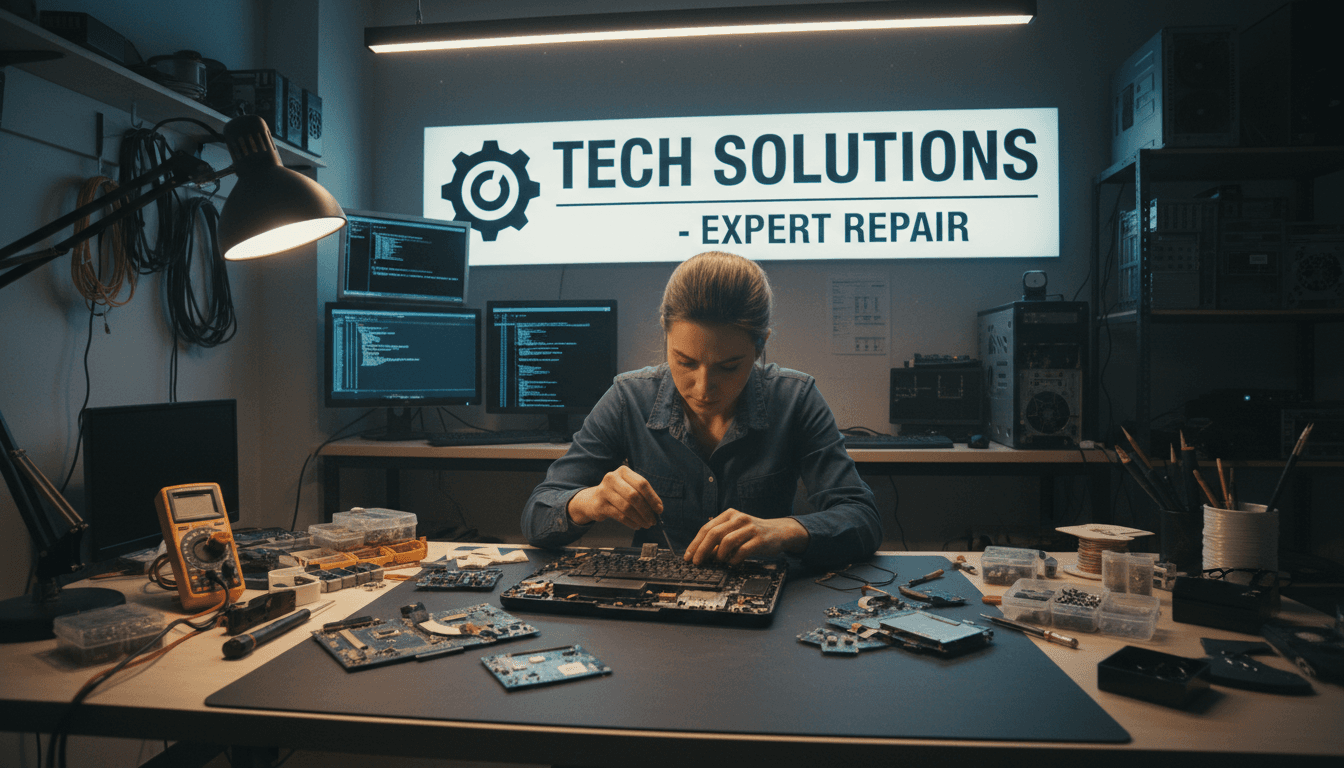 Technician repairing an open laptop at a workbench