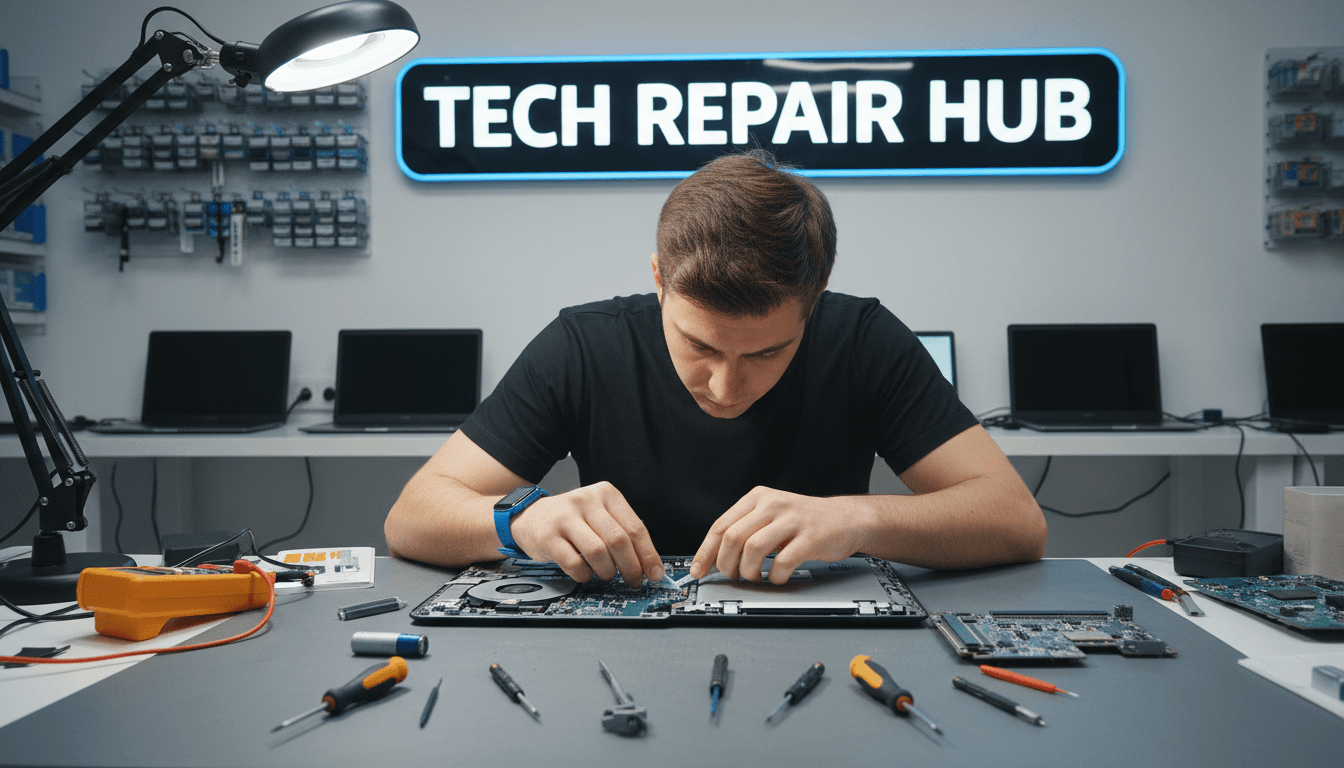 Technician opening a laptop case on a workbench in a repair shop