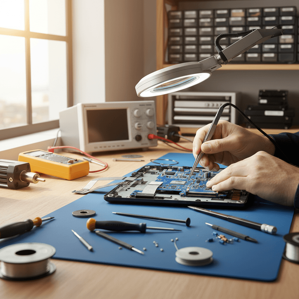 Technician repairing an open laptop at a workbench with tools