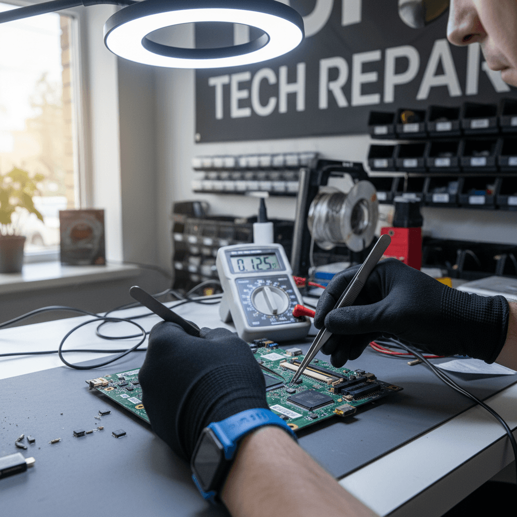 Technician repairing a laptop in a workshop