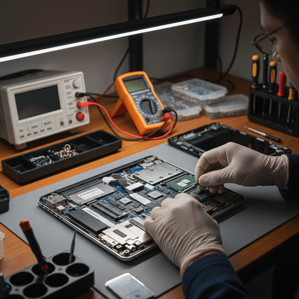 Technician opening a laptop for repair on a clean workbench
