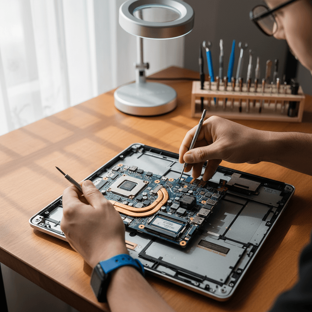 Technician repairing a laptop motherboard at a workbench with tools