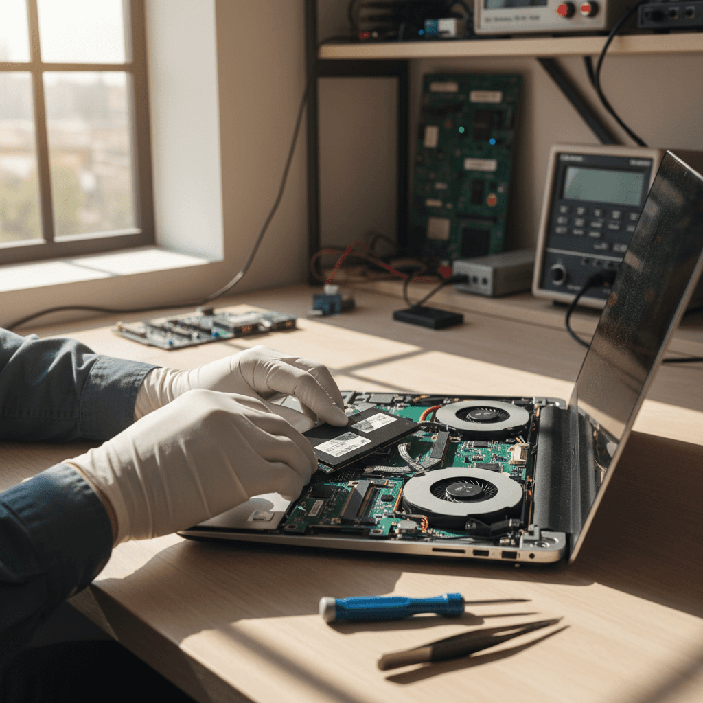 Technician repairing a laptop in a workshop